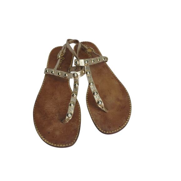 Lilly Pulitzer Gold Leather Studded Open Toe Summer Thong Strappy Sandals Size 9 - Picture 1 of 10